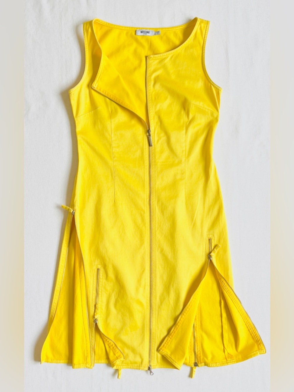 90s Moschino Butter Yellow Statement Dress Rare Multi Zip Design Italy42 US8 Y2K